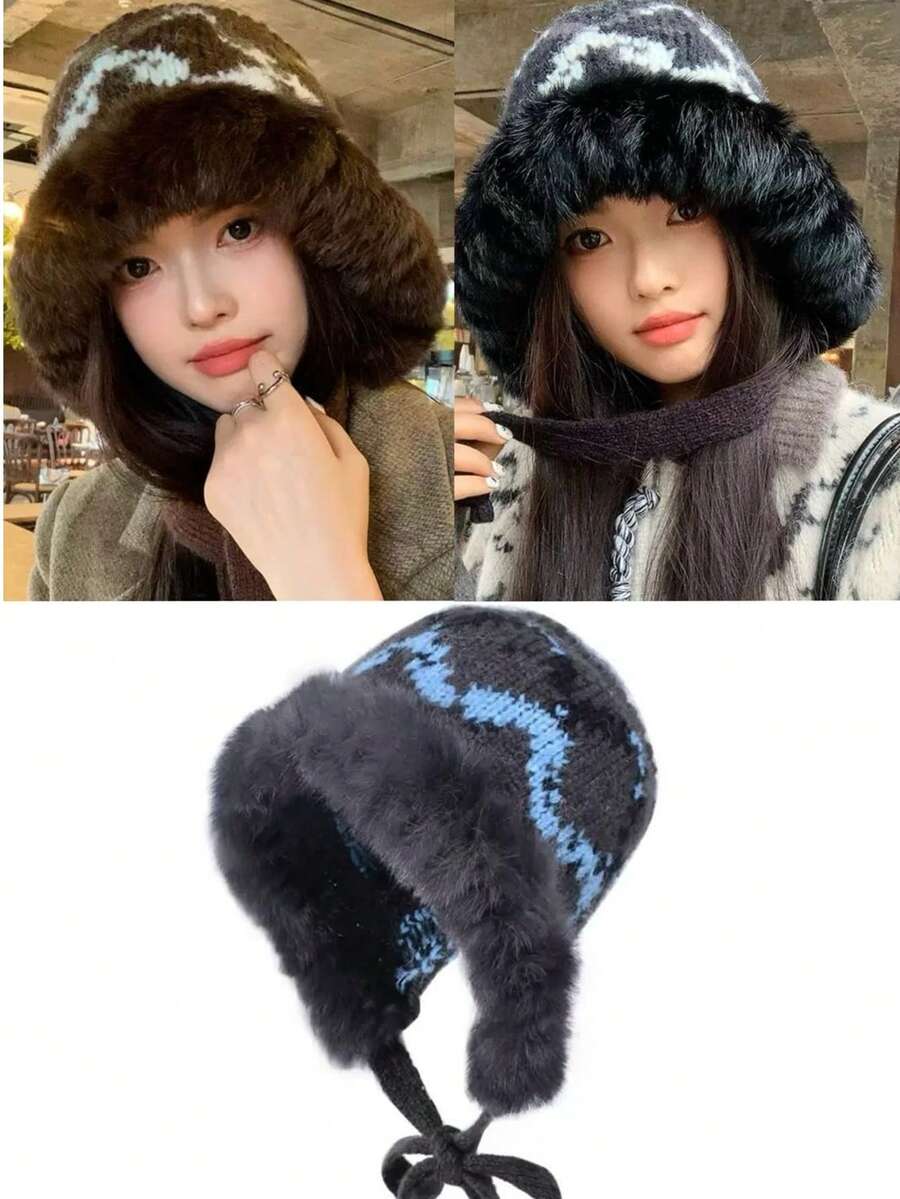 1pc Women's Oversized Knitted Beanie Cap, Warm Ear Protection Hats For Winter