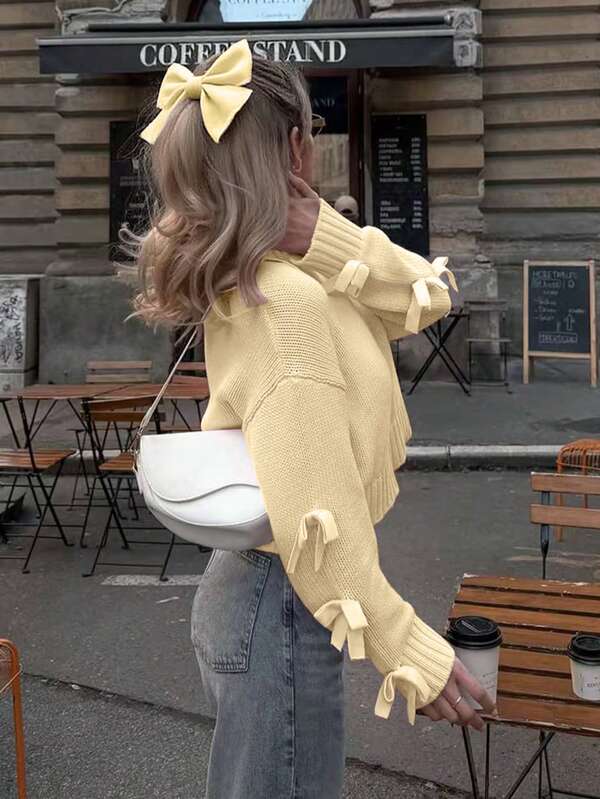 Suéter de punto para mujer Joy, nuevo para otoño/invierno - Parte superior casual minimalista, versátil y a juego - Manga con lazo, cuello redondo corto y holgado - Atuendo de oficina para mujer - Tops para salir - Atuendo de viaje para el aeropuerto