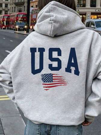大码女款美国国旗主题文字复古风格图案连帽衫 | 宽松休闲秋冬款