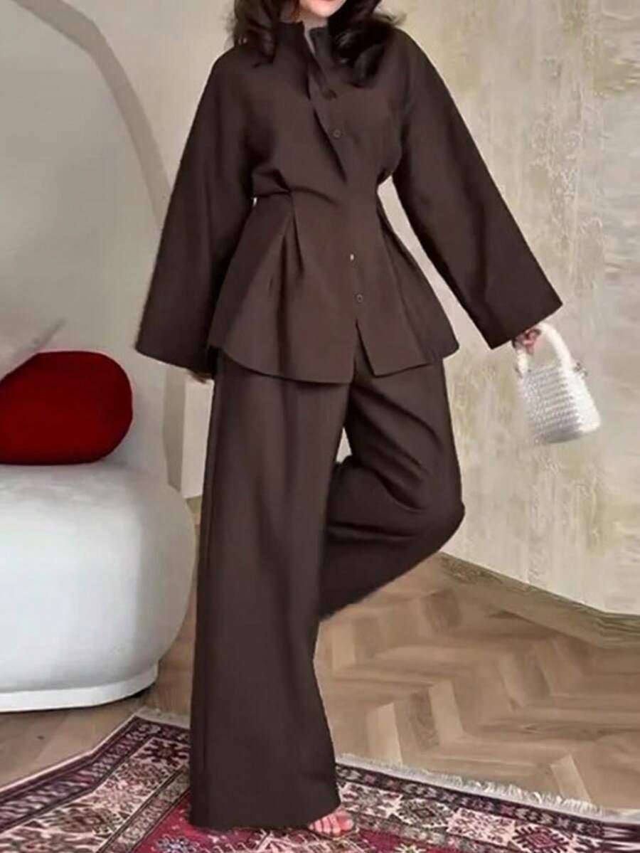 Women's Elegant Collared Single-Breasted Long Sleeve Blouse And Casual Pants Set, Solid Color Spring