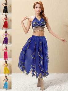 Bộ đồ múa bụng hai mảnh dành cho nữ: Áo croptop hở lưng đính sequin và chân váy chiffon bất đối xứng họa tiết lá sen. - Nhiều màu - Xem 2