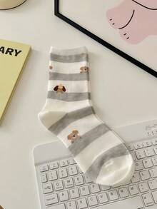 1/4 Pair Cute Striped Puppy Design Comfortable Mid-Calf Socks, Versatile For Autumn/Winter