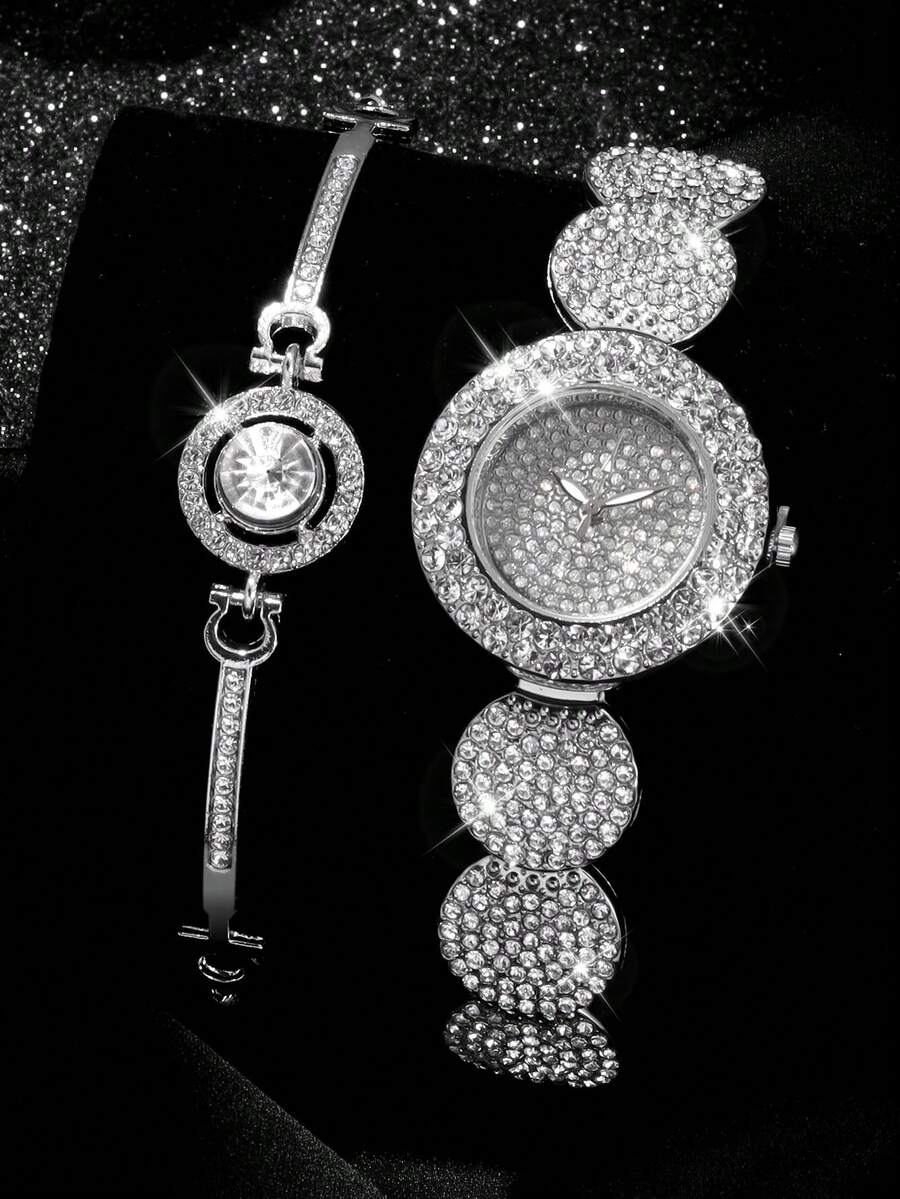 2 件套：女士时尚闪亮水晶钢带石英腕表，配配套手链 - 銀色 - 查看 1