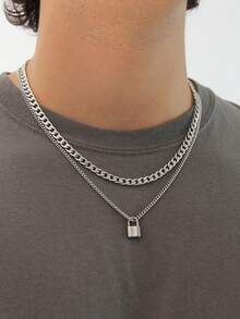 Set de 2 collares para hombre con colgante geométrico de doble capa, adecuado para uso diario, regalo de Navidad y Año Nuevo