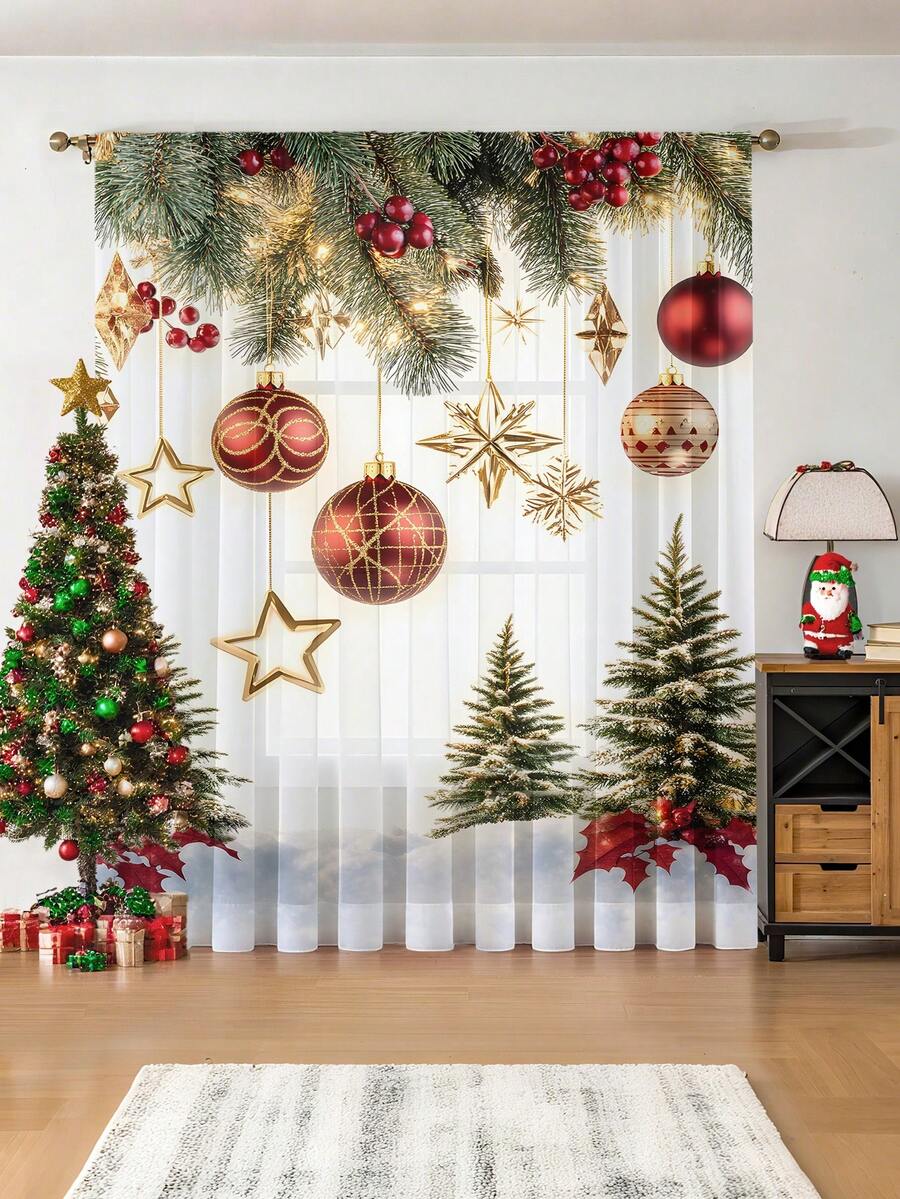1 pieza Cortina decorativa de tul navideña, adecuada para sala de estar, dormitorio, cocina, fiesta navideña, estrella de Navidad, fruta navideña, globo dorado, rama de pino navideña, árbol de Navidad, 100g/㎡