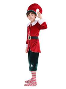 Fantasia de Natal de luxo para crianças: Ajudante de Papai Noel - Jaqueta, Calça Verde Estampada, Meias, Chapéu, Cinto | Festa de Natal/Apresentação Escolar/ - Multicolorido - Ver 6