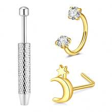Nose Ring Studs 18G Nose Rings Hoops Stainless Steel Nose Rings Round Heart Star White CZ L Shaped Nose Stud With A Grabber Tool For Women Men Nose Piercing Jewelry Set