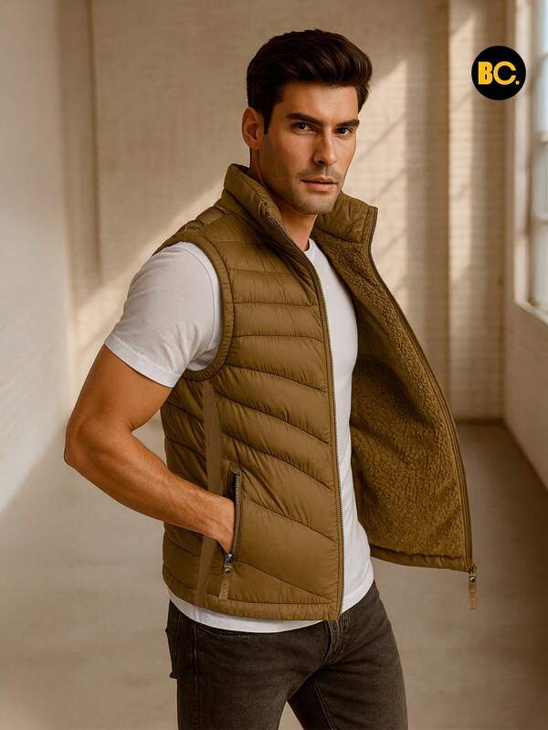 Big City Chaleco acolchado para hombre color azul marino, sin mangas con cierre frontal y bolsillos laterales, abrigo ligero tipo puffer casual moderno para clima frío, ropa exterior versátil para invierno, otoño o entretiempo, ideal para combinar con jeans o playera