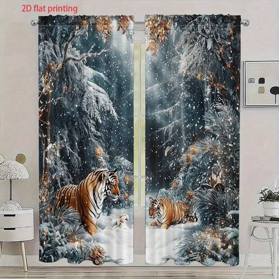 2 Stücke Tiger im Winter Wunder Vorhänge - Zedernwald Szenerie, goldene Dekoration, halbtransparente Polyester Vorhänge, Gardinenband Design, einfach aufzuhängen, Thanksgiving und ganzjährige Heimdekoration, geeignet für Wohnzimmer, Schlafzimmer, Büro, Küche, Esszimmer, Badezimmer, Arbeitszimmer, halbtransparente Vorhänge, Schlafzimmer Privatsphäre, klassischer Vorhangstil, strapazierfähiger Stoff