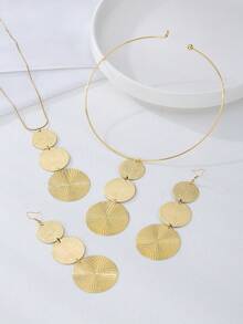 Vintage-Style Jewelry Set, Includes 2pcs Disc Pendant Necklace, 2pcs 1 Pair Earrings - Iron Alloy, Suitable For Casual Or Holiday Wear