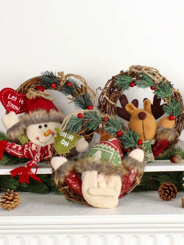 1 pieza Colgante de puerta con guirnalda de vid navideña, Papá Noel, Corona de Navidad, Colgante de puerta con guirnalda de vid navideña con Papá Noel/Muñeco de nieve/Ciervo, Decoración navideña para interiores y exteriores