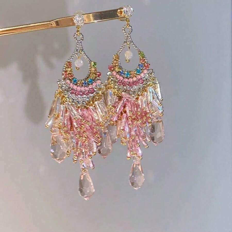 2pcs Exquisite Light Luxury Heavy Craft High-Value Tassel Earrings Fashionable Elegant Drop Earrings - 09-2977 粉紅流蘇耳環 - 查看 1