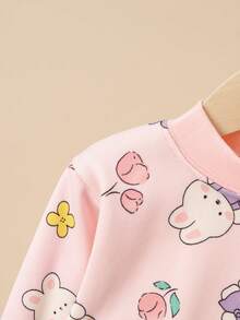 2pcs Girls Thickened Warm Underwear Set, Cartoon Floral Rabbit Print, Thermal Lined Pajamas For Autumn/Winter - Pink - View 4
