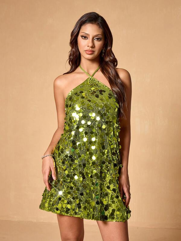 Elegancka, dopasowana mini sukienka damska w kolorze zielonym z odkrytymi plecami i wiązaniem przy szyi, swobodna, modna, na imprezę, urodziny, Nowy Rok, codzienna, koktajlowa, dla druhny i gościa na zakończenie szkoły