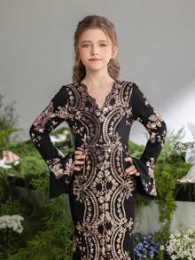 ALISA&LEO Elegant V-Neck Long Sleeve Sequin Girls' Formal Dress With Flared Cuffs And High Slit For Wedding Ceremonies, Evening Galas, Award Ceremonies, Holiday Balls, And Formal Receptions