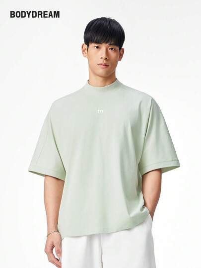 BODYDREAM Men's Moisture-Wicking Antibacterial Short Sleeve Summer Loose Casual Pullover T-Shirt With Split Design And Mock Neck