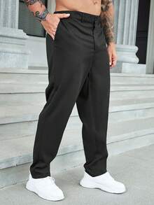Plus Size Men's Solid Color High Waist Pockets Straight Loose Casual Pants