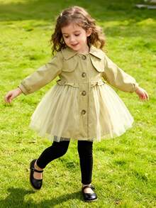 Girls' Mid-Length Trench Coat, Girls' Cute Solid Color Mesh Patchwork Single-Breasted Windbreaker, New Young Girl Tops, Girls' Elegant Clothing