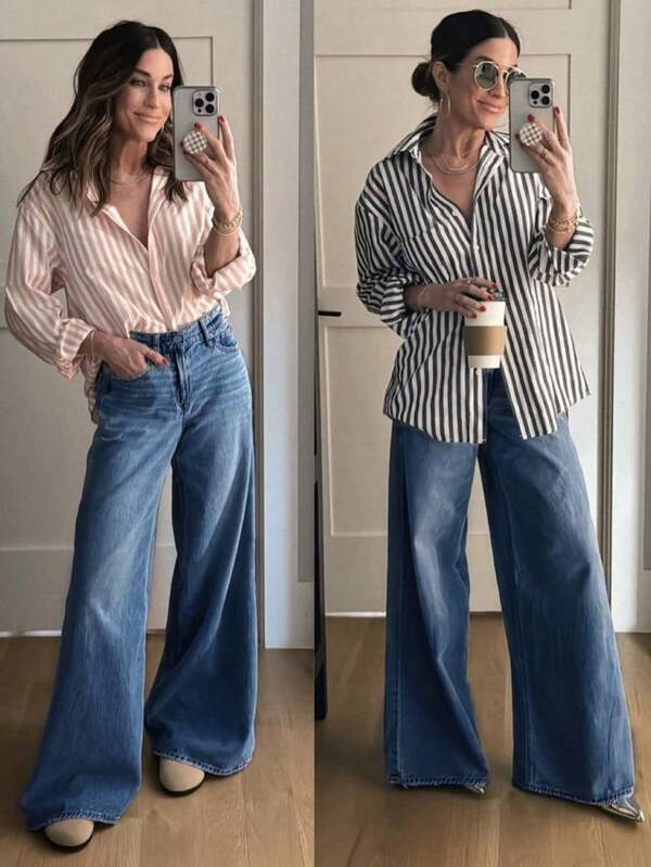 Women's Casual Long Wide Leg Jeans With Pockets And Zipper, Medium Stretch Fabric