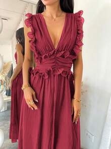 Unadoll Women's Casual Vacation Deep V Sexy Backless Ruffle Hem Dress, Suitable For Beach, Travel, Daily Life, Date, Music Festival And Back To School - Burgundy - View 2