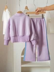 مجموعة من قطعتين، هوديي بسحاب وكتل لوني + بنطلون بكتل لوني، ملابس رياضية وكاجوال للبنات، مناسبة للأنشطة الخارجية والاستخدام اليومي - الأرجواني - مشاهدة 2