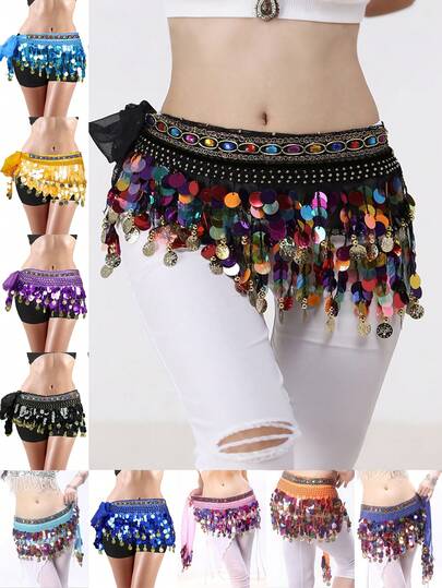 Falda de cadera para danza del vientre de mujer con bufanda, faja, lentejuelas y flecos, falda de estilo Tailandia/India/Árabe para bailarinas, minifalda de disfraz