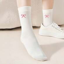 6双女式多色蝴蝶结装饰四季百搭中筒袜，秋季 - 彩色 - 查看 6