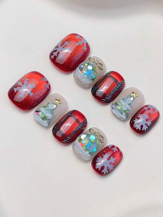 10 Pcs Of Short Round Red Nails, Christmas Tree Snowflakes, Pure Handmade Wear-On Nail Art, Red Cat Eye Autumn And Winter New Short Press-On Nails, Hand-Painted Christmas Red And Green Checkered Snowflake Nail Art Patches, Festive Atmosphere False Nails Autumn And Winter Whitening Advanced Wear-On Nail Tips, Suitable For Ladies And Girls To Attend Parties, Dances, Gatherings, Dates, Work And Other Different Scenes To Wear, Can Be Disassembled And Supported For Reuse
