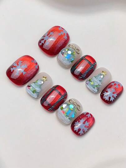 10 Stücke kurze runde rote Nägel, Weihnachtsbaum Schneeflocken, reine handgefertigte Aufnäh-Nagelkunst, rote Katzenaugen Herbst und Winter neue kurze Aufklebe-Nägel, handbemalte Weihnachts-rot und grün karierte Schneeflocken Nagelkunst Patches, festliche Atmosphäre Kunstnägel Herbst und Winter Aufhellungs-Aufnäh-Nageltips, geeignet für Damen und Mädchen zum Tragen auf Partys, Tänzen, Treffen, Dates, Arbeit und anderen verschiedenen Anlässen, können demontiert und wiederverwendet werden