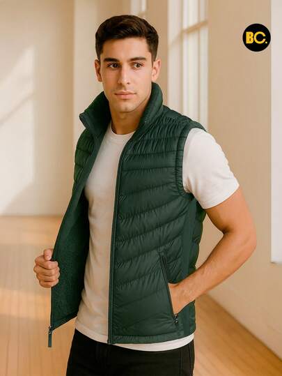 Big City Chaleco acolchado para hombre color azul marino, sin mangas con cierre frontal y bolsillos laterales, abrigo ligero tipo puffer casual moderno para clima frío, ropa exterior versátil para invierno, otoño o entretiempo, ideal para combinar con jeans o playera