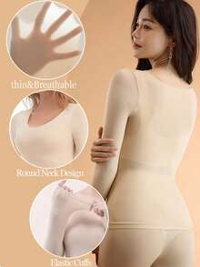 Bộ 3 áo thun dài tay liền mạch cho nữ, áo ren lót trong, quần áo siêu mỏng, quần áo mùa thu cho nữ, đồ lót giữ nhiệt trơn, ấm áp và thoải mái, áo lót cổ tròn dài tay không dấu vết, áo lót vừa vặn, co giãn cao, màu be, áo trong suốt, màu trơn, nhẹ và ấm áp cho mùa thu và mùa đông, vải mỏng, áo lót cơ bản - Nhiều màu - Xem 4