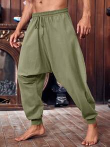 Runcati Men's Pirate Costume Trousers Medieval Viking Style Renaissance Inspired Baggy Harem Linen Pants For Halloween - 軍綠色 - 查看 2