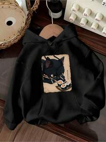 大码女式日常黑色猫咪图案寿司元素日式文字图案连帽长袖休闲春夏秋季女式大码长袖卫衣感恩节外出上衣女式度假装女式 - 黑色 - 查看 4