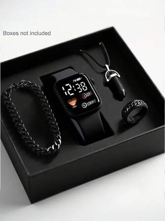 4/1 pieza Reloj digital electrónico con forma de corazón LED de moda y sencillo para niños, adecuado para que los niños lo usen, equipado con pulseras, collares, anillos y sets de moda, adecuado para estudiantes, muy adecuado para la vida diaria como la escuela, reuniones y viajes. Regalo de cumpleaños, temporada de graduación, Navidad - El regalo perfecto para niños