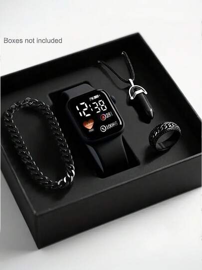 4/1 pieza Reloj digital electrónico con forma de corazón LED de moda y sencillo para niños, adecuado para que los niños lo usen, equipado con pulseras, collares, anillos y sets de moda, adecuado para estudiantes, muy adecuado para la vida diaria como la escuela, reuniones y viajes. Regalo de cumpleaños, temporada de graduación, Navidad - El regalo perfecto para niños