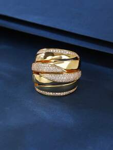 1pc Bronze Material Smooth Patchwork Ring With Inlay Rhinestone & Cubic Zirconia, Personalized Fashion Woman Big Ring, Suitable For Gift And Women's Daily / Holiday Wear