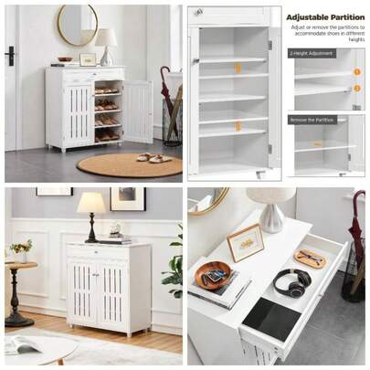 Shoe Cabinet, Wooden Storage Cabinet Organizer With 1 Drawer 2 Doors, Modern 4 - Tier Shoe Rack With Adjustable Shelves Living Room, Hallway, Bedroom,