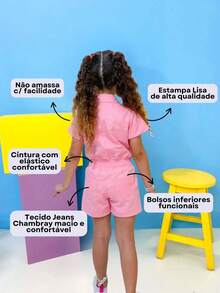 Kit 2 Macacao Infantil Menina Blogueirinha Jardineira Jeans Juvenil Shorts Zíper Moda Casual - Rosa chiclete - Visão 5