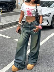 女士休闲水洗阔腿牛仔裤 - 深色水洗藍 - 查看 7