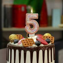 1支精美数字生日蜡烛，饰有彩色鹅卵石和马卡龙图案，0-9浅金色闪亮数字蜡烛，适合男孩和女孩 - 淡金色 - 查看 13
