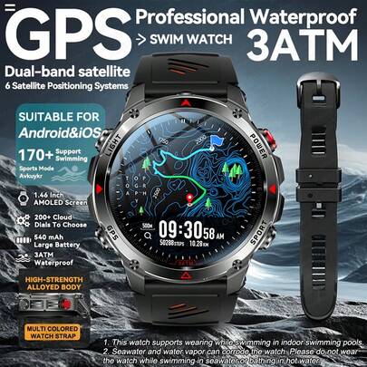 GUHUAVMI 2025 新款男士户外 GPS 运动智能手表，GPS+北斗双频定位，LED 手电筒，3ATM 防水手表，合金机身，540mAh 电池，多色表带，无线通话，语音助手，提醒功能，GPS 追踪，100+ 种运动模式，指南针，海拔和气压，健身追踪器手环，女士户外运动智能手表，适用于 Android IOS