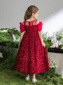 ALISA&LEO Enchanting Round Neck Spaghetti Strap Girls' Sequin Dress With Sheer Short Puffed Sleeves And Oversized Bow Detail For Wedding Ceremonies, Formal Galas, Evening Receptions, Award Ceremonies, And Holiday Celebrations