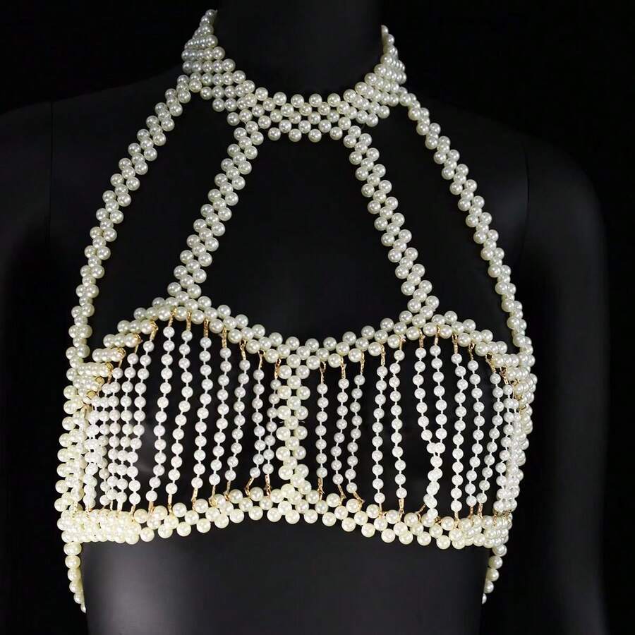 1pc Handmade White Faux Pearl Body Chain, Fashion Wavy Design For Wedding, Party, Runway, Gift