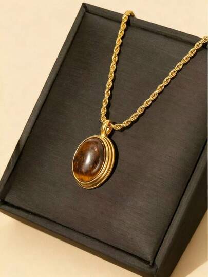 1pc Stainless Steel Gold Twisted Chain With Oval Tiger Eye Stone Pendant, Suitable For Men And Women As Daily Decoration Or Gift