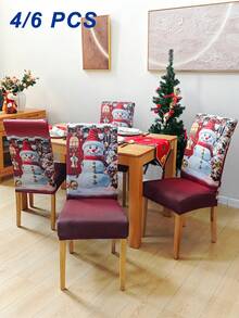 4/6 غطاء كرسي مطبوع بطبعات عيد الميلاد، مع عناصر عيد الميلاد مثل بابا نويل والثلجي والرنة، ديكور منزلي لفندق وحفلة ومطعم، إكسسوار أساسي لديكور عيد الميلاد، هدية عيد الميلاد المثالية