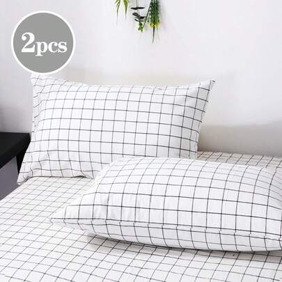2件装,黑白格纹,男生,宿舍,纯色,日系简约纯色,超柔,透气,四季适用,简约时尚,休闲日常生活,四季适用男生宿舍,枕套,不含枕芯,床上用品,酒店,家居用品,日式尺寸,TwinFullQueenKing