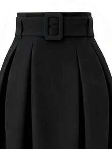 EARO 女式高腰修身灰色百搭休闲通勤裙，宽松设计，可调节腰带，A 字裙 - 黑色 - 查看 3