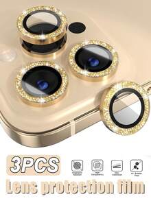 3pcs For IPhone 16Pro/IPhone16 Pro Max/15/14/13/12/11 Camera Lens Protective Film Shiny, [Glitter Decoration] Ultra HD Tempered Glass Cover, Metal Lens Screen Protective Ring, Glitter Gold