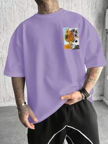 Men's Casual Graphic Tee, Van Gogh Sunflower Painting Digital Print Design, Loose Fit Crew Neck Pullover T-Shirt, Purple - Purple - View 2