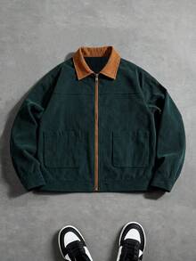 Men's Fashionable Retro Jacket, Corduroy Contrast Color Lapel Casual Loose Fit Workwear Jacket, Suitable For Casual Outings, College Style , Fall